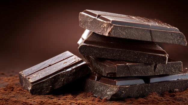 Dark chocolate squares and cocoa powder create a rich, decadent dessert scene for food photography. photo