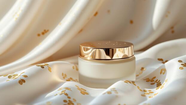 The shows a white jar with a gold lid lying on a white fabric with a floral pattern. The jar appears to be a skincare product as it is cylindrical in shape and has a smooth surface. photo