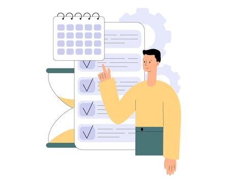 Schedule planning online. Character planning work tasks, filling check list, making schedule using calendar in app. Time management, self management, productivity at work. Flat illustration vector