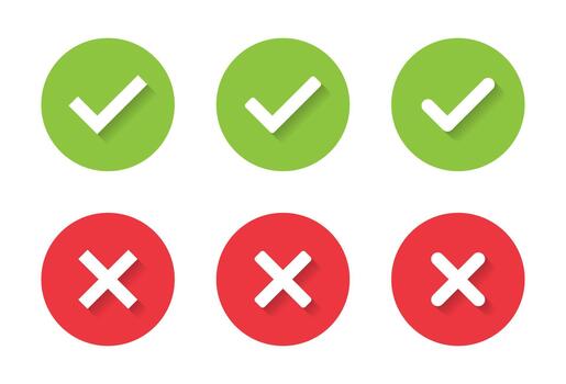 Check and cross mark icon set with shadow. Tick and X symbol. Accept and reject sign vector