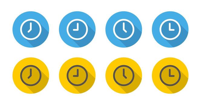 Simple analog clock and time icon set. Alarm, hour, and timer symbol with long shadow vector