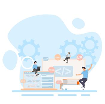 personas son trabajando en un ordenador portátil y un computadora vector