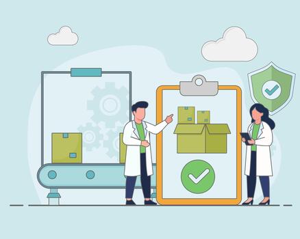 Professionals inspecting packages in laboratory setting vector