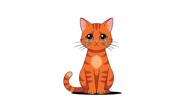 Sad ginger tabby cat with large teary eyes sits alone and cries with teardrops streaming down its face on a clean white background. vector