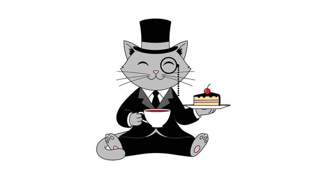 Dapper gray cat character wearing a tuxedo top hat and monocle sits while enjoying a cup of tea and a slice of cherry cake. vector