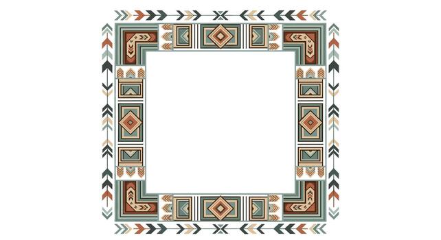 Square frame with a geometric tribal pattern border featuring arrows and ethnic ornaments in earthy tones on a white background. vector
