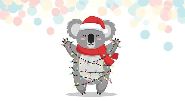 alegre coala en un Papa Noel sombrero y rojo bufanda es felizmente enredado en un cuerda de vistoso Navidad luces en contra un festivo bokeh antecedentes. vector