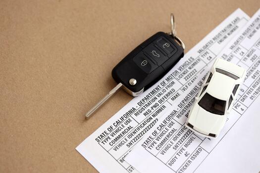 KYIV, UKRAINE - OCTOBER 1, 2025 Validated registration card with remote control car keys photo