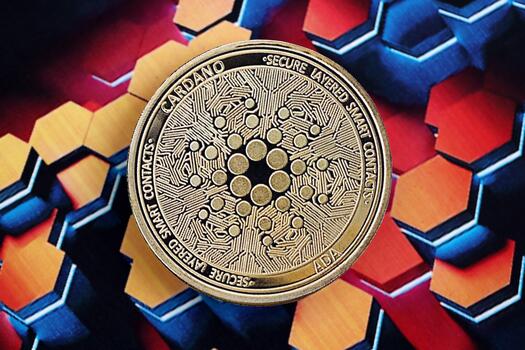 KYIV, UKRAINE - OCTOBER 9, 2025 Cardano ADA cryptocurrency coin sticker on hexagonal abstract banner photo
