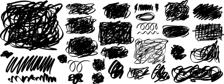un dinámica resumen Escribiendo colección presentando negrita mano dibujado líneas, caótico marcas y expresivo trazos vector