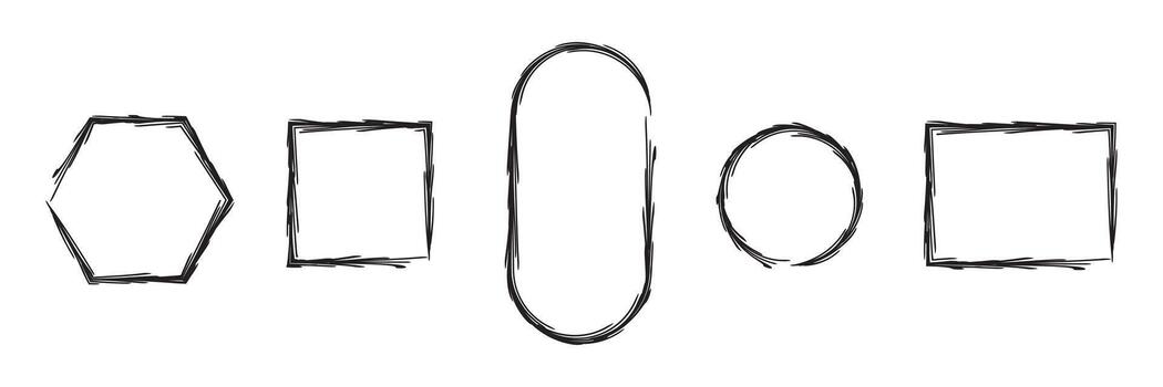 A set of hand-drawn black frames. A collection of various geometric shapes. Text boxes with textured outlines. vector