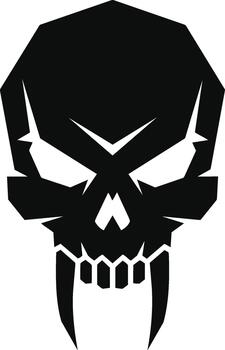 Stylized black skull with sharp fangs and glowing eyes. vector