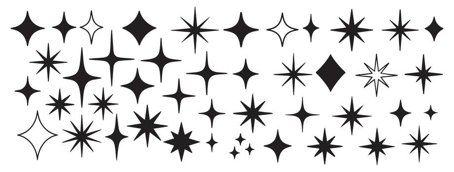 Set of shining stars, sparkle icons, starburst shapes in various styles, black silhouette and outline, isolated on white background. Concept of magic twinkle effect, elements for decor and design vector