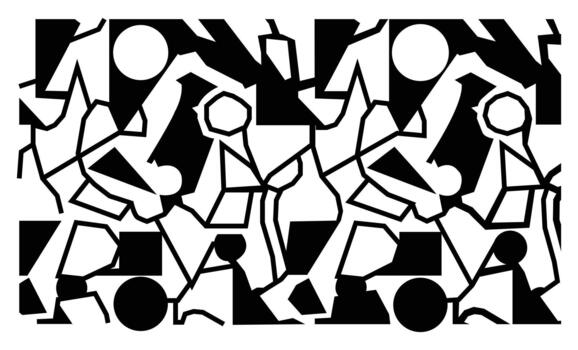 Abstract geometric figures dancing in black and white patterned composition vector