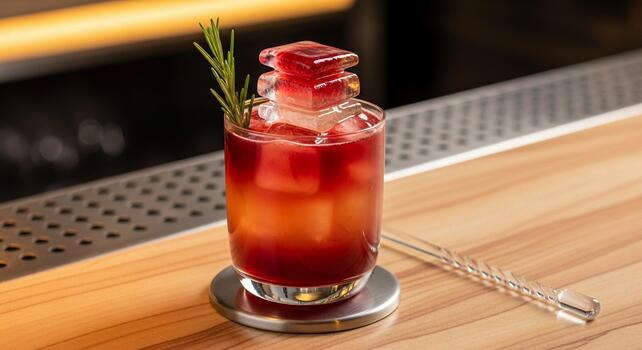 A refreshing ruby red cocktail garnished with rosemary and a unique ice cube sits on a bar counter photo