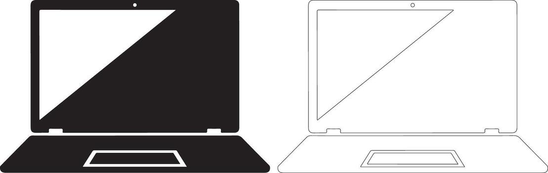 Black and white outline of a laptop with a diagonal line on the screen computer vector