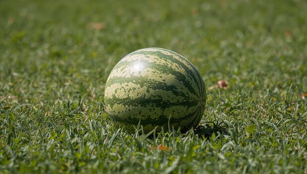 esférico objeto con rayas, descansando en texturizado verde, mostrando reflejado ligero. foto