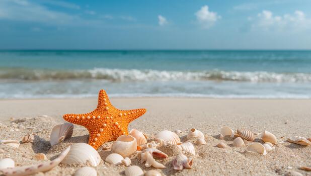 Starfish and Shells by the Sea. A Summertime Abstraction of Texture and Color. photo