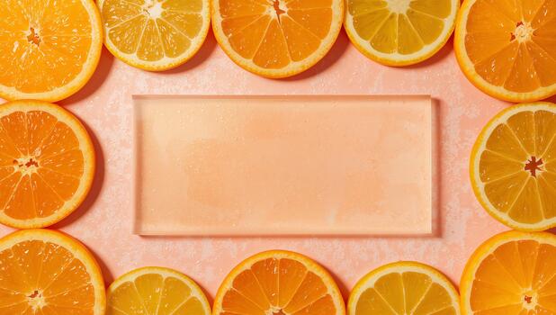 Citrus Slices with Rectangular Element, A Colorful and Structured Still Life. photo