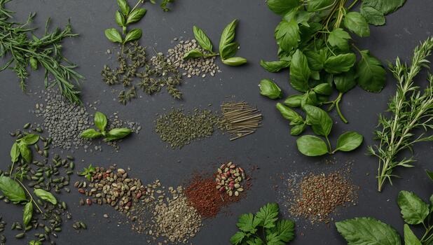 Assorted Seeds and Herbs on a Slate Surface, Showing Variations in Color and Texture. photo