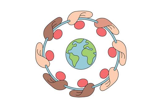 Diverse hands joining together around the Earth for unity and global connection vector