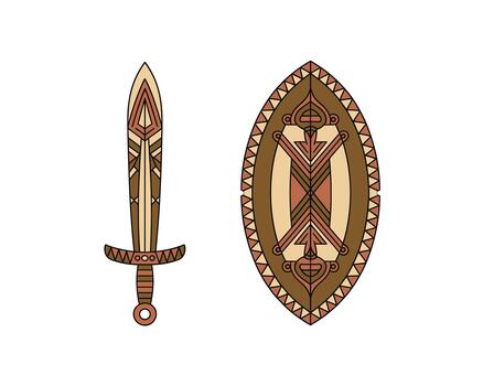 antiguo espada y proteger con tribal patrones vector