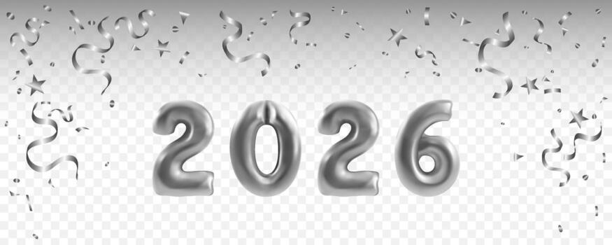 plata globos formar el números 2026 y frustrar cinta papel picado, creando un alegre y festivo para nuevo año celebracion vector