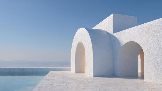 White Minimalist Architecture With Arched Doorways By A Pool. Modern Design And Serene Atmosphere photo