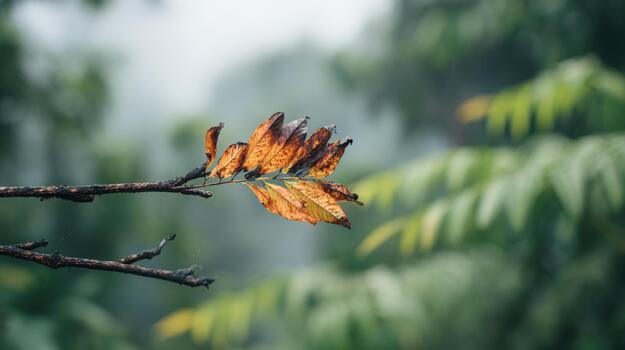 Branch With Autumn Leaves Against Blurred Green Background. Nature'S Transition From Summer To Fall photo