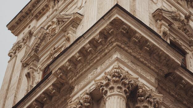 Ornate Baroque Architectural Detail Of Historic Building Facade. Intricate Stone Carvings And Columns photo