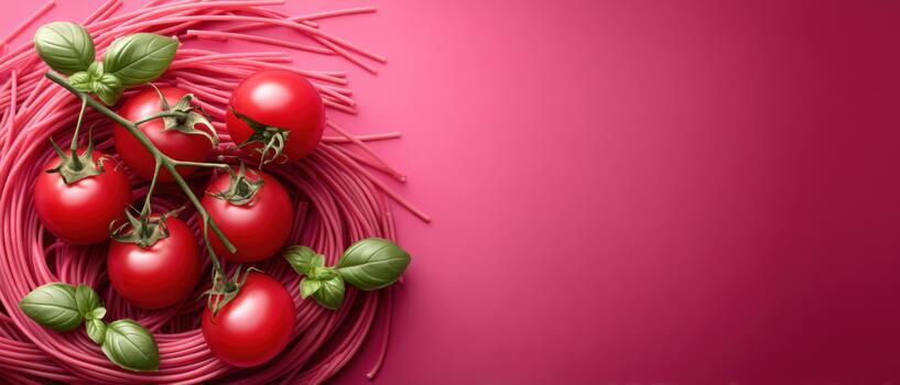 Luxury food vine tomato and basil nest of pink pasta creating elegant colorful culinary still photo