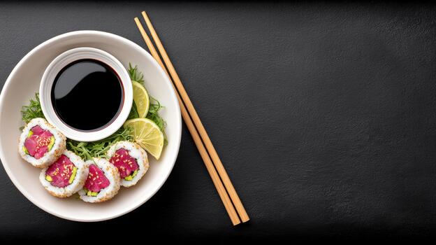 Luxury food sushi roll with soy sauce lime and chopstick on black background photo