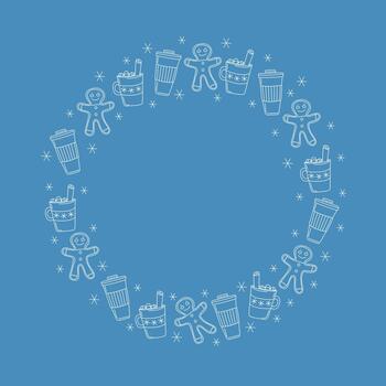 Frame, border. Food, drinks. Coffee in a disposable cup. A cup of coffee with cinnamon, marshmallows, and a gingerbread man. Snow, snowflakes. Banner with space for text. Set of linear icons. vector