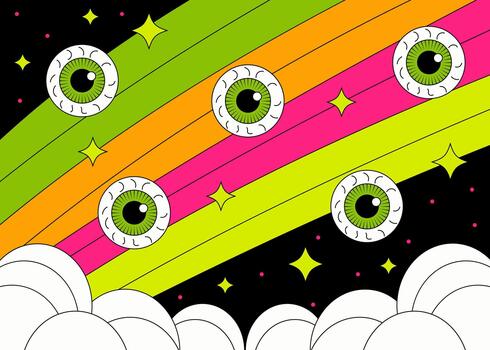 psicodélico arco iris cielo con flotante globos oculares antecedentes vector