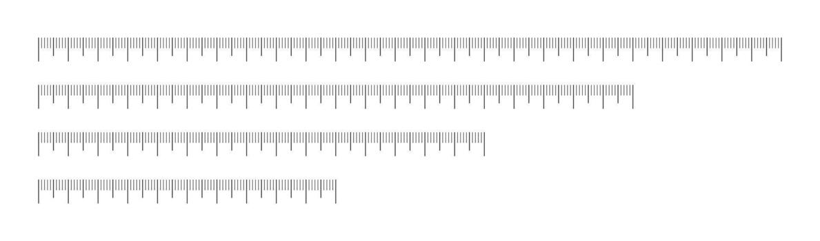 Ruler scale 100mm, 150 mm, 200mm and 250mm without numbers collection. Set of measuring chart with 10cm, 15cm, 20cm and 25 centimeters. Ruler scale template. Length measurement height, math, distance vector