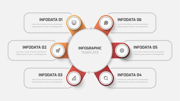 circulo infografía modelo con degradado color, gris línea, 6 6 opciones, y icono vector