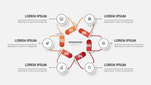 negocio infografía modelo con circulo etiqueta, Delgado línea, seis número y icono para presentación vector