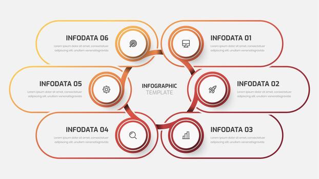 circulo infografía modelo con degradado color, línea, seis opciones, y icono vector