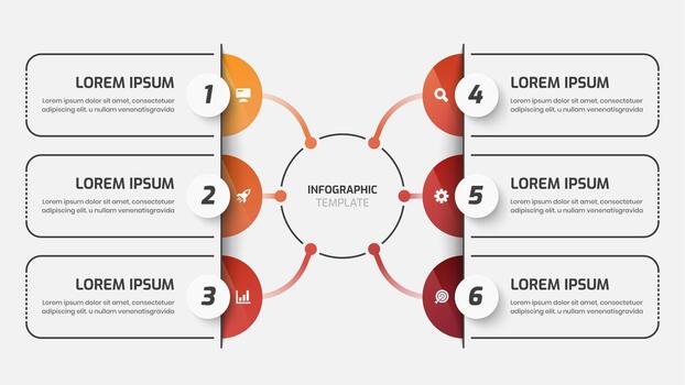 negocio infografía presentación con degradado color, circulo etiqueta, línea, 6 6 números y íconos vector
