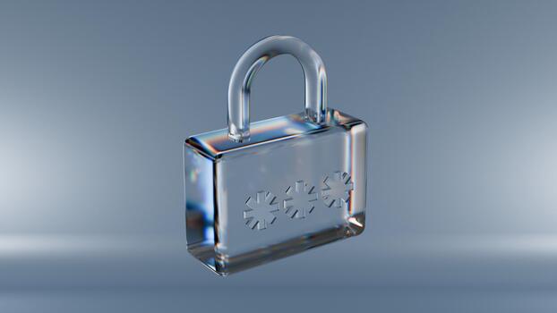 transparent glass padlock with password asterisks. Modern and conceptual symbol of digital security, privacy, and encryption ideal for tech and cybersecurity visuals. photo