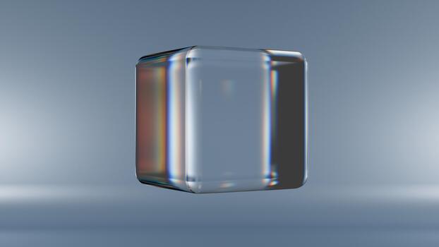 Minimal 3D render of a transparent glass cube with soft refraction and subtle rainbow dispersion on a gradient background. Ideal for modern design, branding, and tech visuals. photo