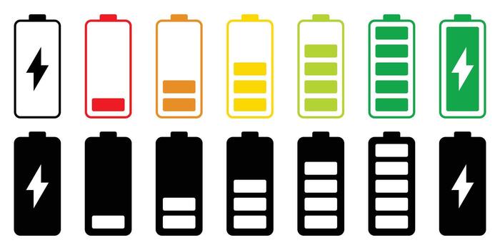 batería nivel indicadores icono colocar. batería cargar nivel indicadores demostración lleno a vacío estados poder y cargando estado simbolos línea y sólido icono colocar. ilustración. vector