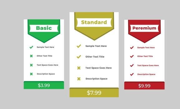 Three pricing list cards with different color options and features vector