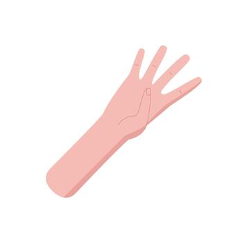 Flat cartoon hand with bare palm and four fingers raised in a gesture sticker. Human hand showing the number 4 with open palm and fingers. Bare skin arm in counting sign, isolated on white background vector