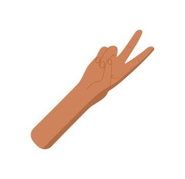 Flat cartoon hand gesture shows number two. Human palm and fingers signal count 2, isolated on white background. Simple style for education, math, or preschool concepts. vector