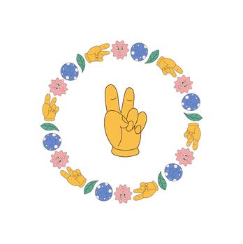 Groovy hand symbol and colorful cartoon flower form a retro peace circle border pattern. hippie style and playful y2k vibe add charm to this vintage visual, perfect for trendy vector