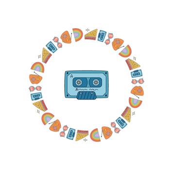 maravilloso y2k circulo frontera con miedoso casete en vistoso modelo. Pizza y arco iris elementos añadir retro instinto. juguetón gráfico estilo trajes antiguo, moderno o de moda antecedentes. vector