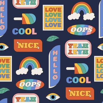 Groovy seamless pattern in retro y2k cartoon graphic style. Playful sticker elements and fun colorful background combine cool shapes in this vibrant composition. Trendy surface, cheerful vector
