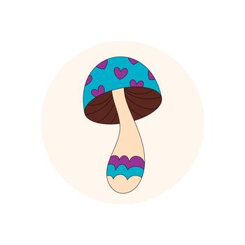 Groovy retro mushroom sticker label in colorful circle with heart shape. Fun y2k seal for box and package lid. Creative product for trendy packaging accent. vector