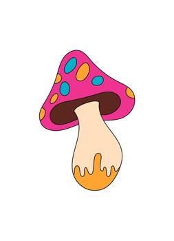Groovy psychedelic mushroom sticker in funky cartoon graphic style with magic and colorful pink retro retro vibe. Funky shroom as groovy element adds a playful touch, ideal for creative use or trendy vector